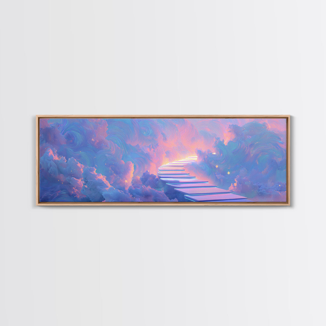 Pastel Stairway To Heaven Framed Canvas Print, Dreamy Cloudscape Wall Art, Fantasy Celestial Bedroom Decor, Gift For Her