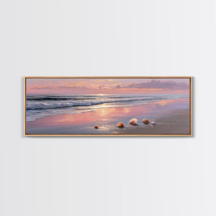 Sunset Ocean Shells Framed Canvas Print, Shimmering Beach Seascape, Coastal Wall Art For Bedroom And Beach House Decor Gift