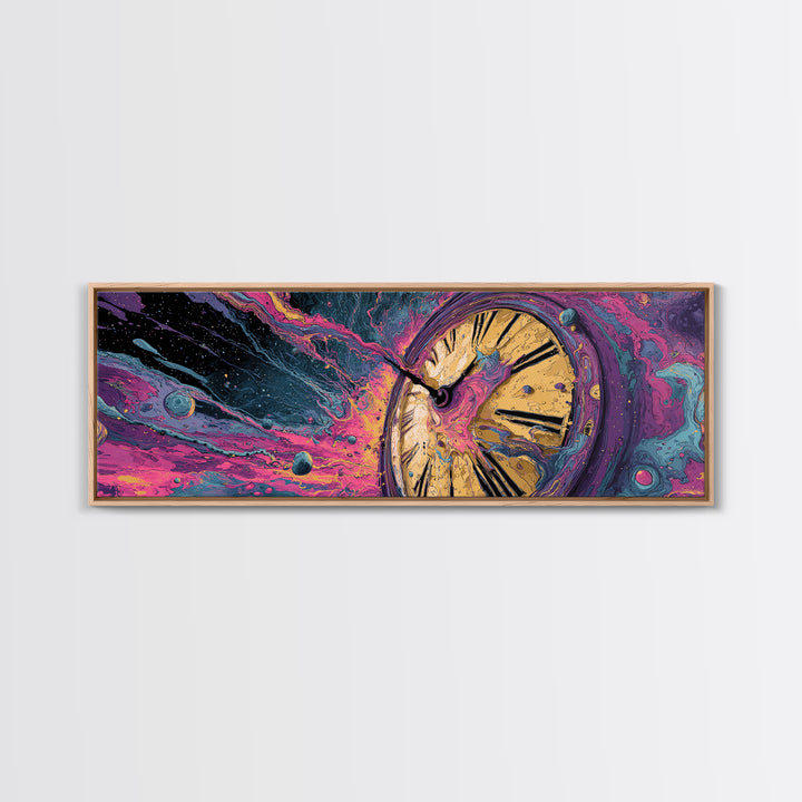 Melting Clock In Cosmic Space Wall Art, Surreal Time Travel Canvas, Psychedelic Galaxy Decor, Modern Abstract Art Print, Unique Gift