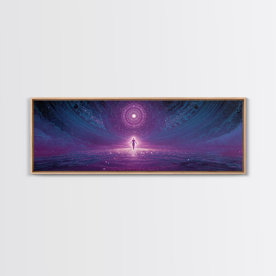 Cosmic Figure Before Celestial Portal Wall Art, Surreal Space Canvas Print, Mystical Purple Meditation Room Decor Gift For Her