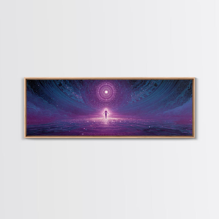 Cosmic Figure Before Celestial Portal Wall Art, Surreal Space Canvas Print, Mystical Purple Meditation Room Decor Gift For Her