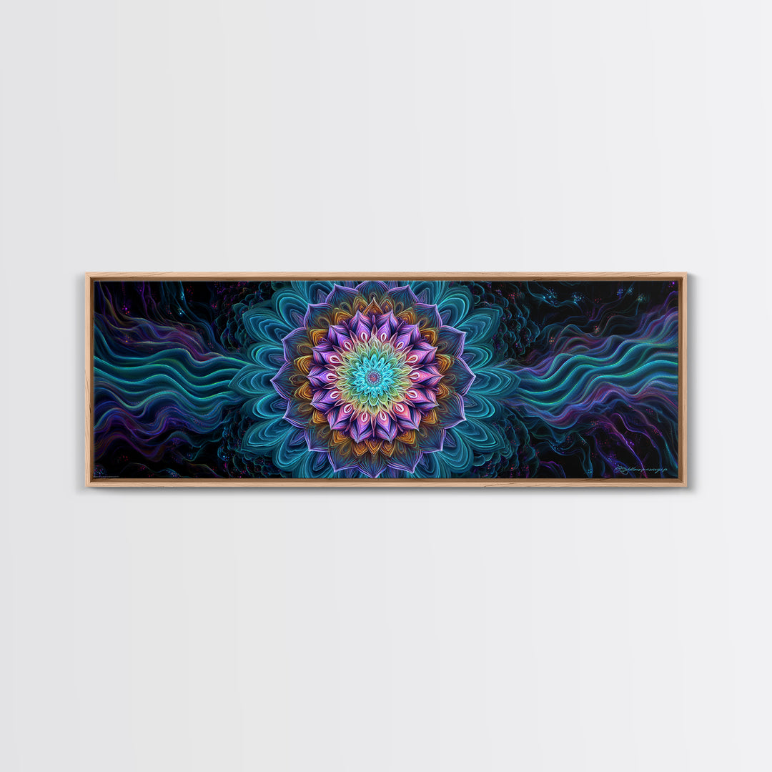 Teal Purple Fractal Mandala Flower Framed Canvas Print, Psychedelic Spiritual Wall Art For Yoga Studio And Meditation Decor