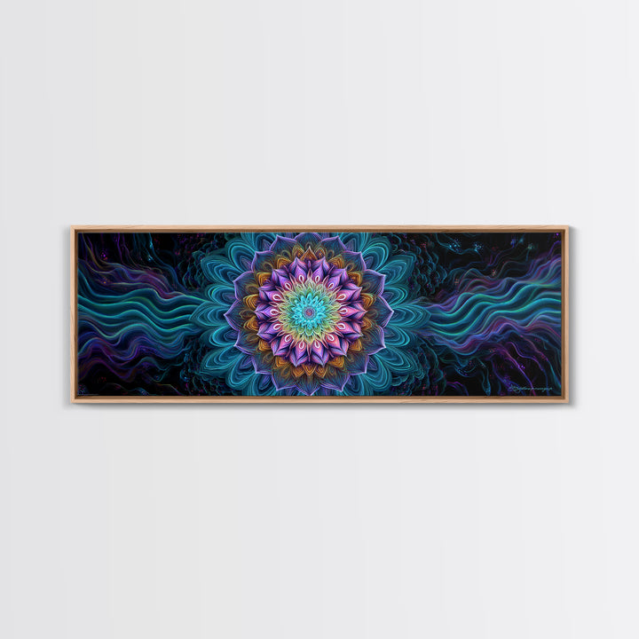 Teal Purple Fractal Mandala Flower Framed Canvas Print, Psychedelic Spiritual Wall Art For Yoga Studio And Meditation Decor