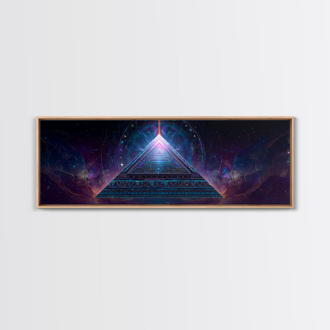 Glowing Sacred Geometry Pyramid Framed Canvas Print, Cosmic Spiritual Wall Art For Meditation Room And Modern Office Decor