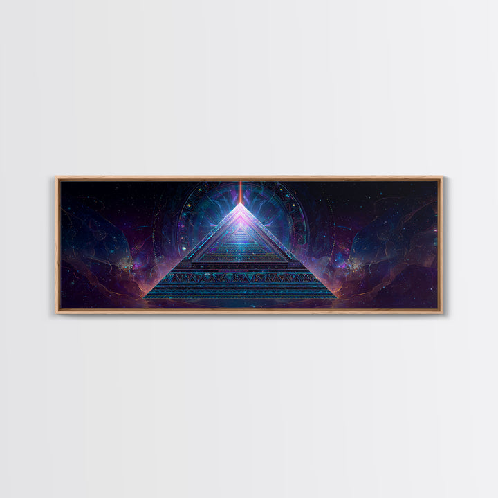 Glowing Sacred Geometry Pyramid Framed Canvas Print, Cosmic Spiritual Wall Art For Meditation Room And Modern Office Decor