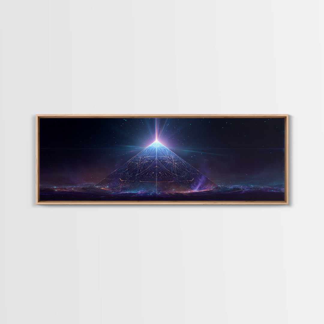 Glowing Cosmic Pyramid Wall Art, Futuristic Celestial Space Print, Mystical Sacred Geometry Decor, Framed Canvas Print For Office Decor