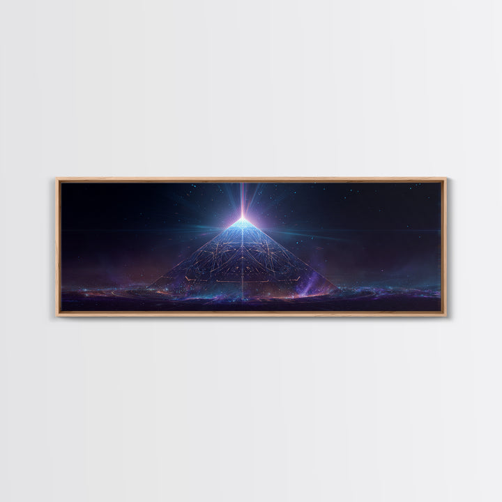 Glowing Cosmic Pyramid Wall Art, Futuristic Celestial Space Print, Mystical Sacred Geometry Decor, Framed Canvas Print For Office Decor