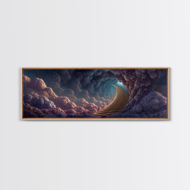 Moody Cloud Stairway Framed Canvas Print, Fantasy Heaven Wall Art, Dreamy Celestial Landscape, Calming Bedroom Wall Decor