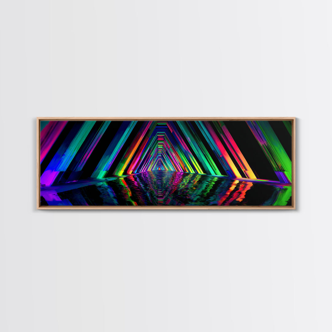 Neon Geometric Tunnel Reflection Canvas Print, Cyberpunk Wall Art, Futuristic Abstract Art, Gaming Room Decor, Vaporwave Poster