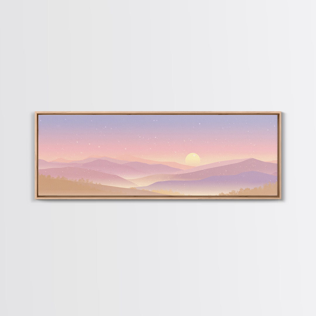 Pastel Mountain Moon Wall Art, Minimalist Sunset Landscape, Celestial Nursery Print, Calming Soft Pink Bedroom Home Decor Gift
