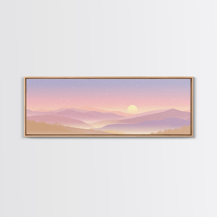 Pastel Mountain Moon Wall Art, Minimalist Sunset Landscape, Celestial Nursery Print, Calming Soft Pink Bedroom Home Decor Gift
