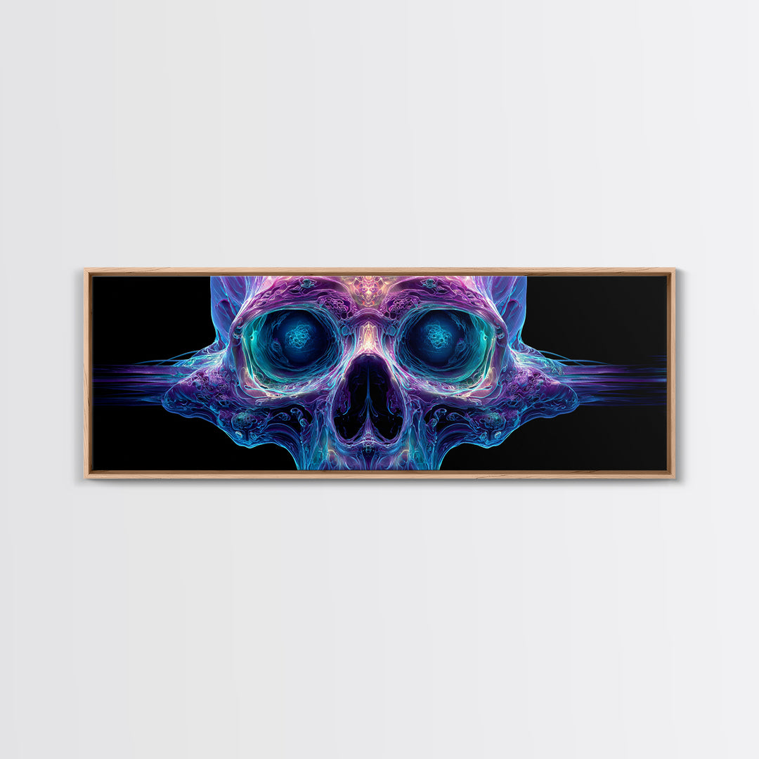 Neon Crystal Skull Wall Art, Gothic Psychedelic Dark Art Print, Futuristic Macabre Decor, Framed Canvas Print For Living Room