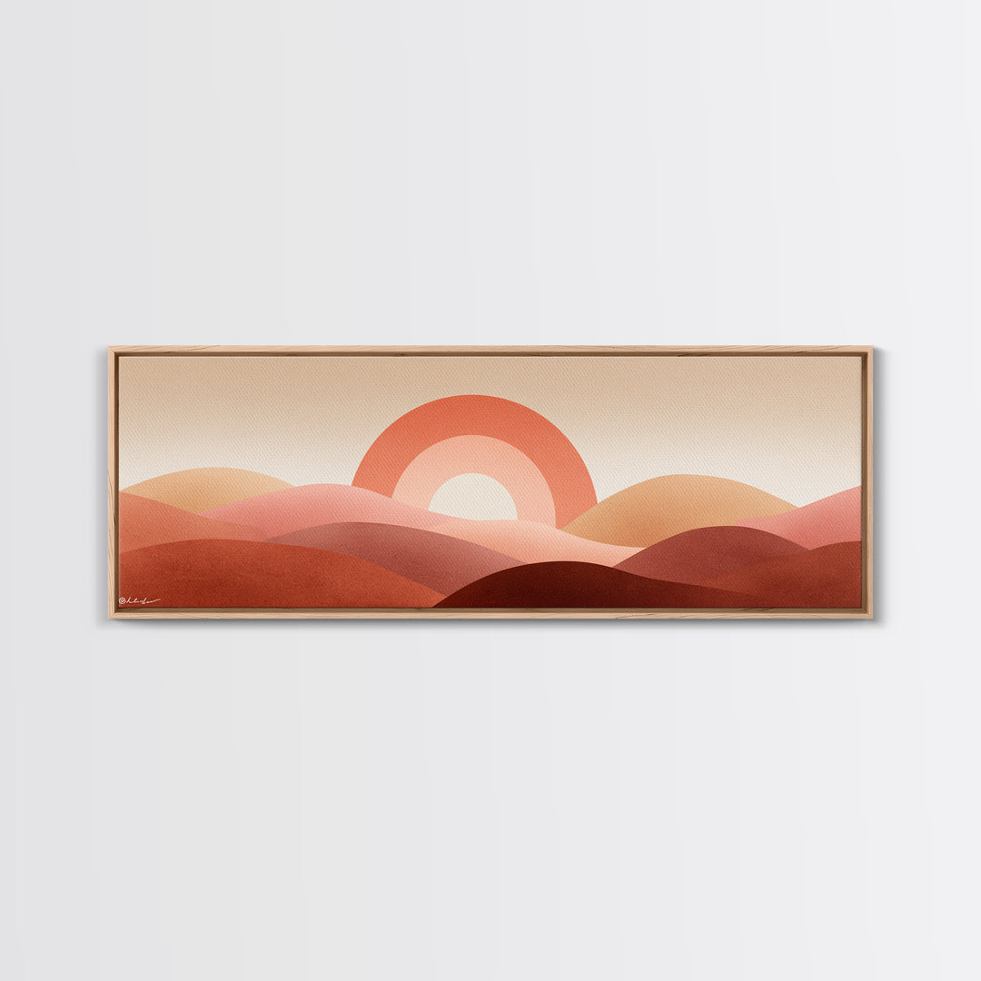 Terracotta Sun And Rolling Hills Canvas Print, Abstract Desert Landscape, Mid Century Modern Wall Art, Warm Earth Tone Decor