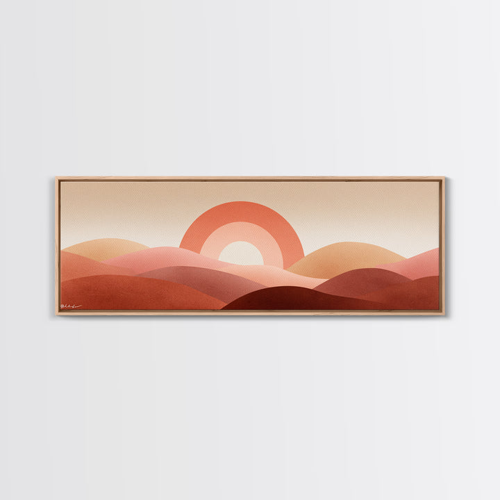 Terracotta Sun And Rolling Hills Canvas Print, Abstract Desert Landscape, Mid Century Modern Wall Art, Warm Earth Tone Decor