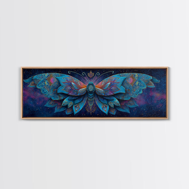 Celestial Blue Moth With Jeweled Wings Framed Canvas Print, Mystical Wall Art For Bedroom Decor And Gift For Her, Boho Celestial Home Decor
