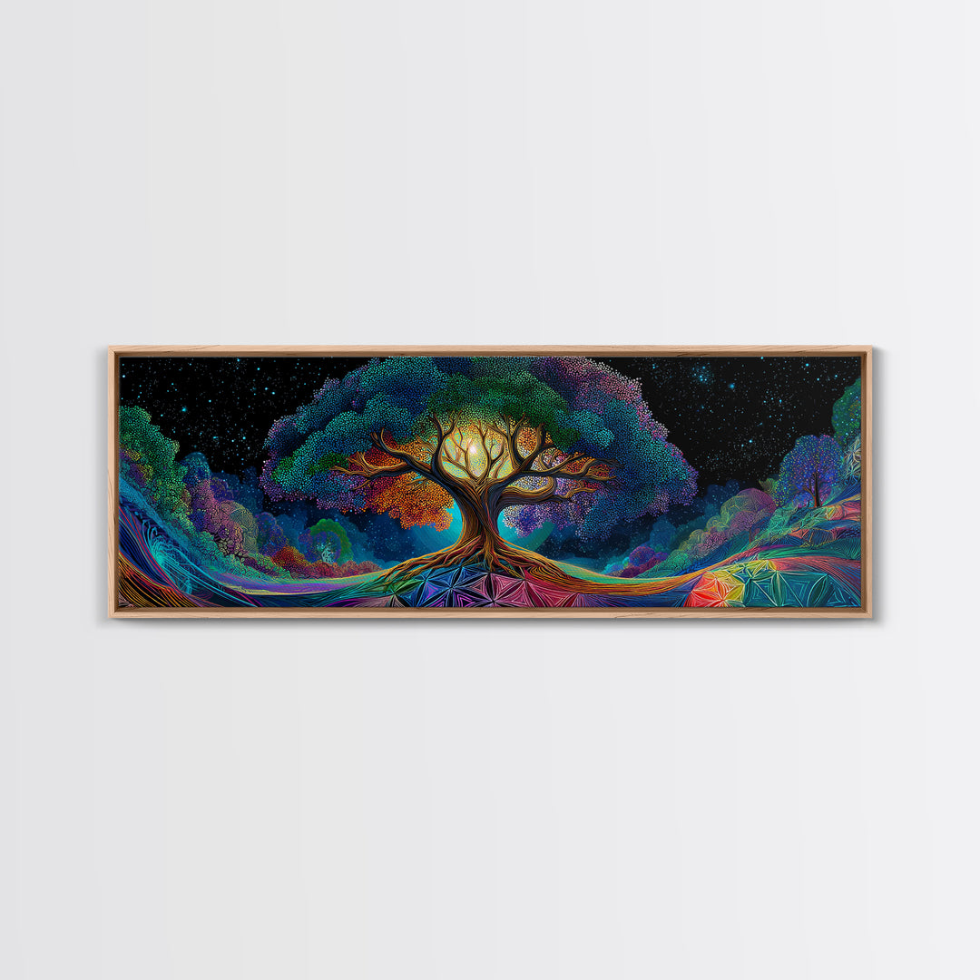 Glowing Tree Of Life Under Starry Sky Framed Canvas Print, Mystical Nature Wall Art For Boho Home Decor And Bedroom Decor