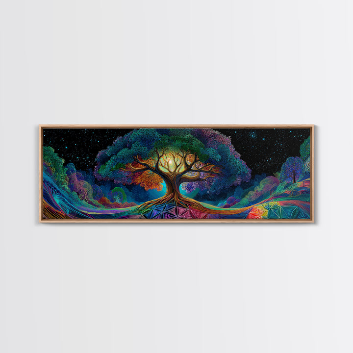 Glowing Tree Of Life Under Starry Sky Framed Canvas Print, Mystical Nature Wall Art For Boho Home Decor And Bedroom Decor