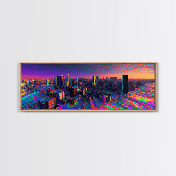 Neon Cyberpunk City Canvas Print, Futuristic Skyline Wall Art, Glitch Urban Decor, Modern Gaming Room Panoramic Wall Art Print
