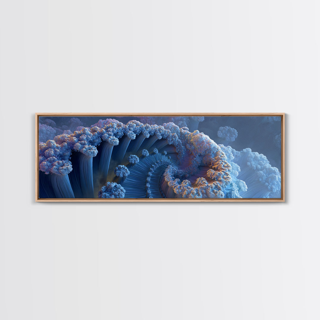 Blue Fractal Ocean Wave And Frozen Spiral Canvas Print, Abstract Seascape Wall Art For Modern Coastal Living Room Home Decor
