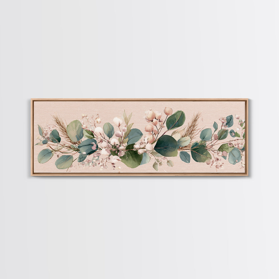 Eucalyptus Cotton Floral Garland Framed Canvas Print, Sage Green Wall Art, Boho Nursery Decor, Farmhouse Home Gift For Her