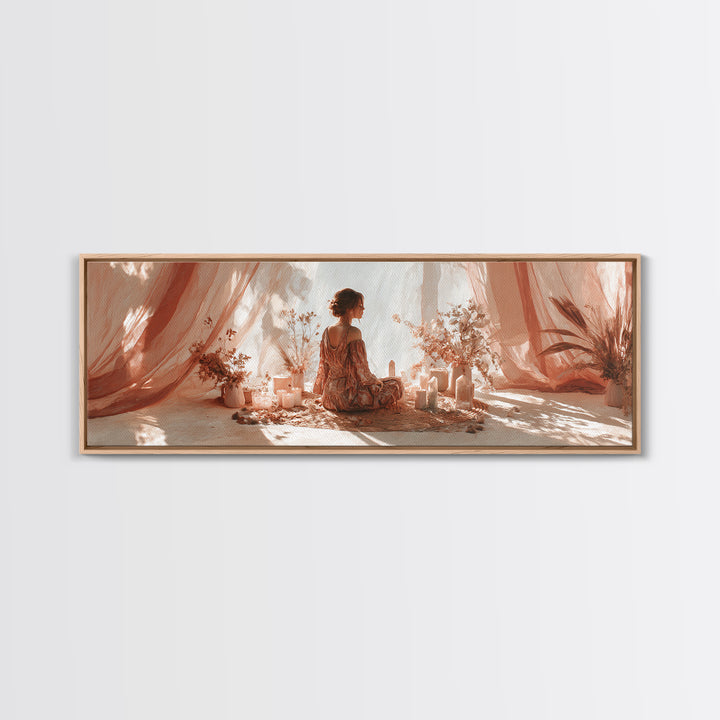 Boho Woman Candle Meditation Wall Art, Blush Drapery Sanctuary, Feminine Bedroom Decor, Spiritual Canvas, Gift For Her Print