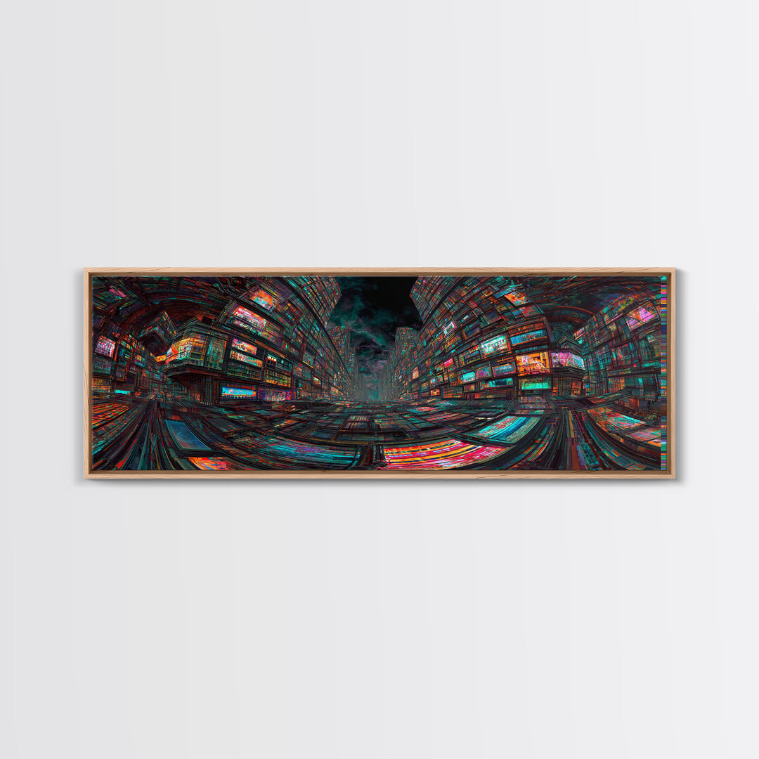 Neon Cyberpunk City With Glitch Streets Framed Canvas Print, Futuristic Wall Art For Gaming Room Decor And Office Decor, Gift For Him