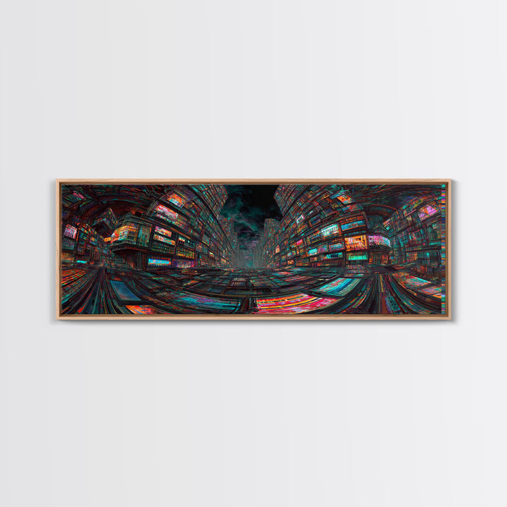 Neon Cyberpunk City With Glitch Streets Framed Canvas Print, Futuristic Wall Art For Gaming Room Decor And Office Decor, Gift For Him
