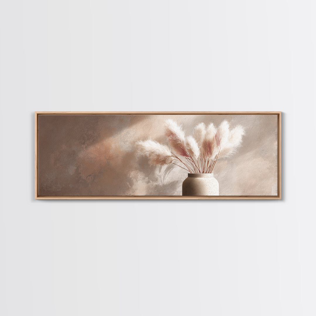 Neutral Pampas Grass Vase Framed Canvas Print, Beige Minimalist Wall Art, Japandi Home Decor, Modern Living Room Decor Print
