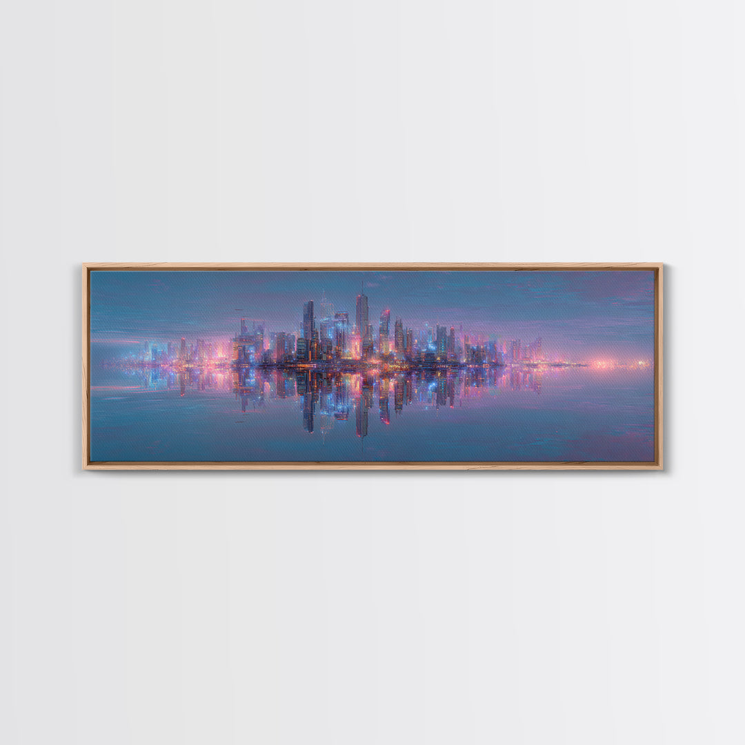 Neon Futuristic Skyline Reflection Wall Art, Panoramic Canvas Print, Cyberpunk Cityscape, Modern Living Room Decor, Large Horizontal Art