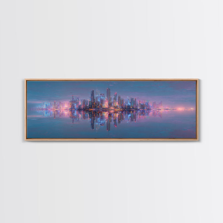 Neon Futuristic Skyline Reflection Wall Art, Panoramic Canvas Print, Cyberpunk Cityscape, Modern Living Room Decor, Large Horizontal Art