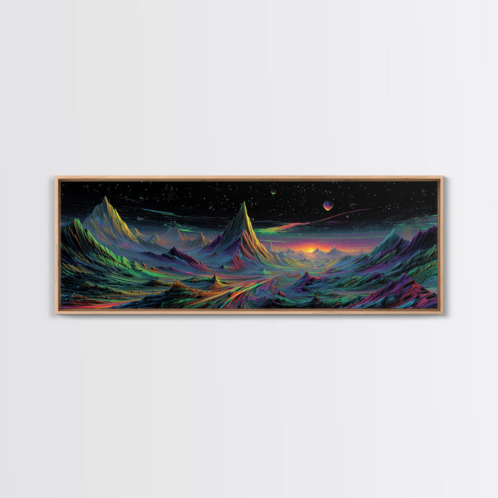 Alien Mountain Road Under Stars Wall Art, Psychedelic Space Landscape, Sci Fi Decor, Panoramic Canvas, Vaporwave Gamer Room Print