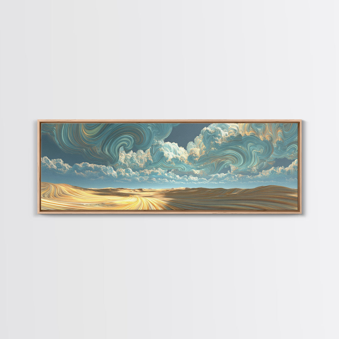 Surreal Golden Desert Under Swirling Clouds Canvas Print, Panoramic Landscape Wall Art For Modern Living Room Decor, Housewarming Gift