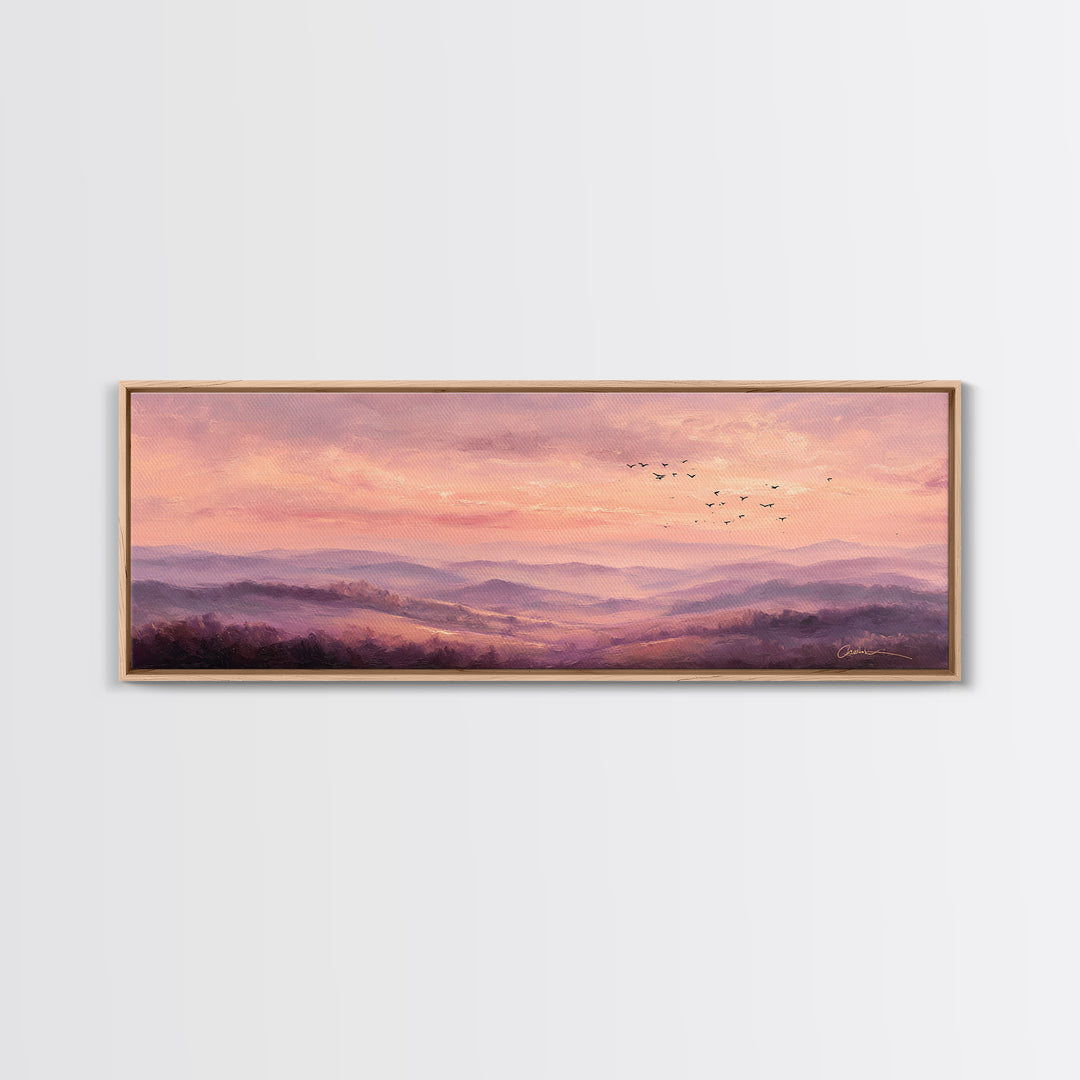 Misty Pink Mountain Landscape Wall Art, Romantic Sunrise Canvas Print, Large Horizontal Living Room Decor, Nature Gift Print