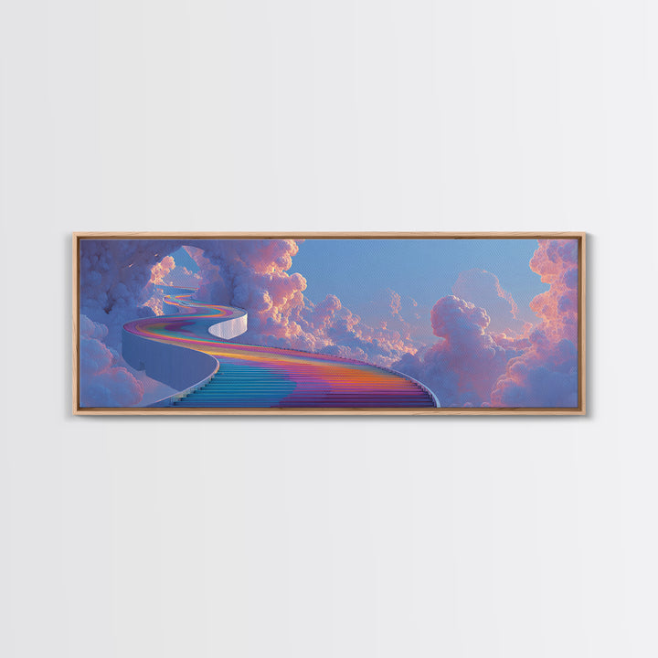Rainbow Stairway Through Clouds Wall Art, Dreamy Celestial Fantasy Print, Pastel Whimsical Decor, Framed Canvas Print For Nursery