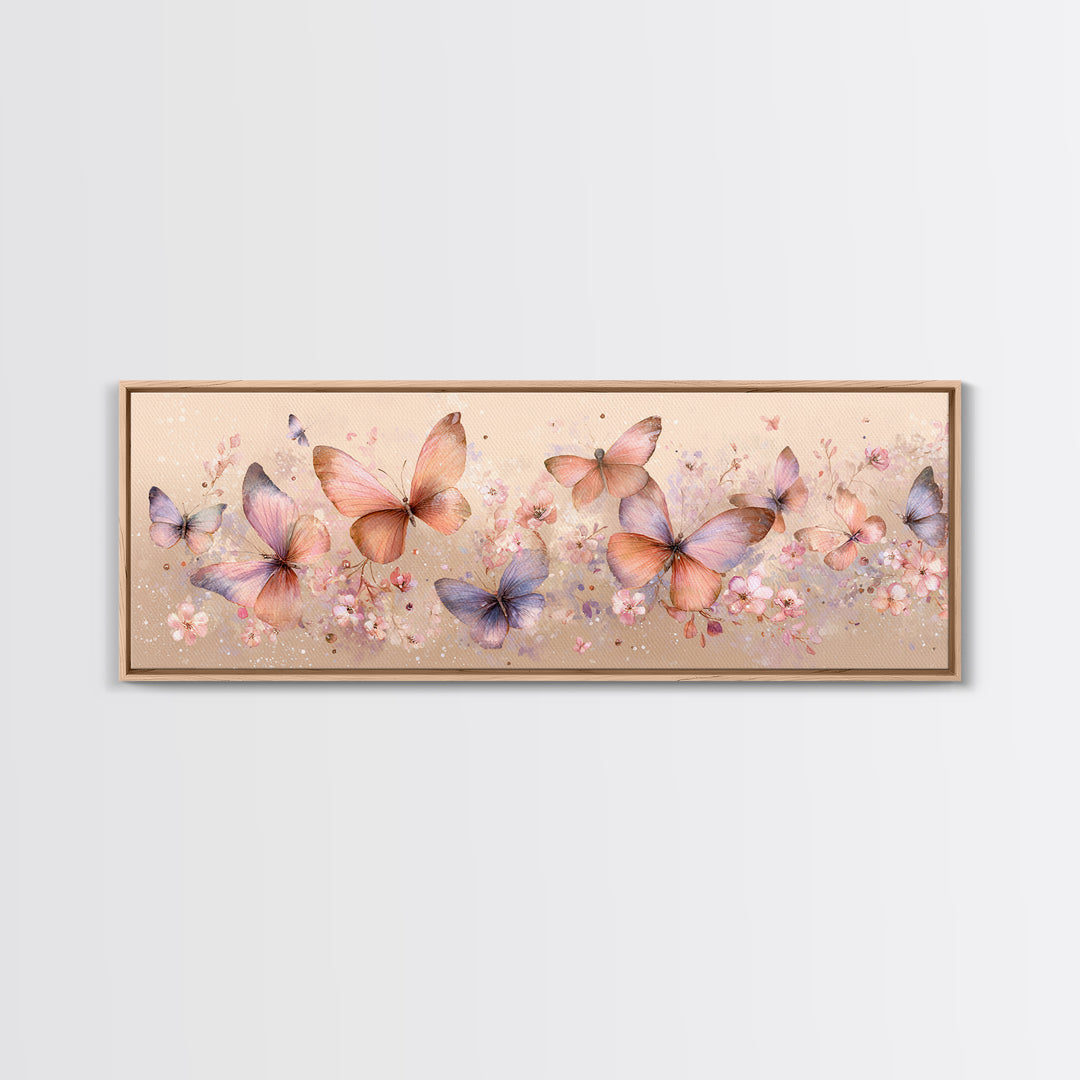 Pastel Butterfly Garden Wall Art, Soft Floral Canvas Print, Feminine Nursery Decor, Spring Bedroom Art, Gift For Her Print