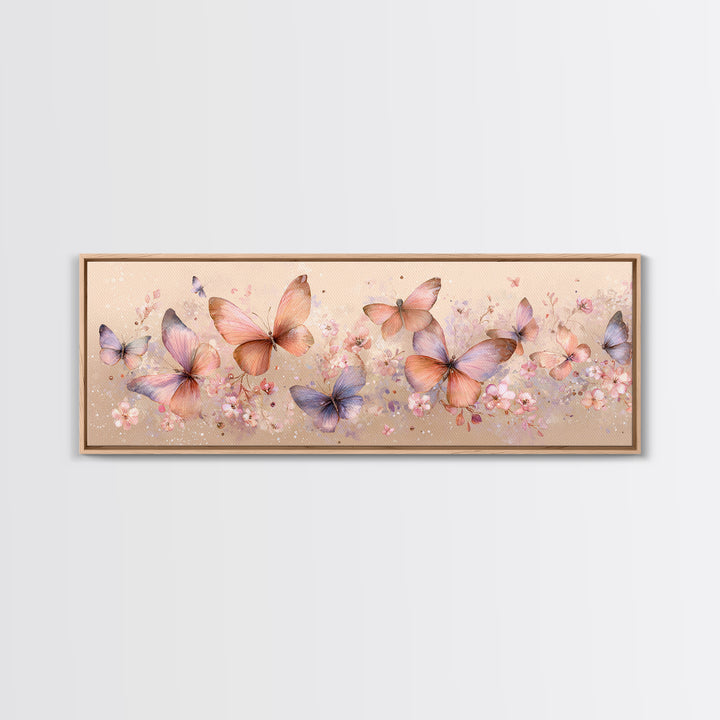 Pastel Butterfly Garden Wall Art, Soft Floral Canvas Print, Feminine Nursery Decor, Spring Bedroom Art, Gift For Her Print