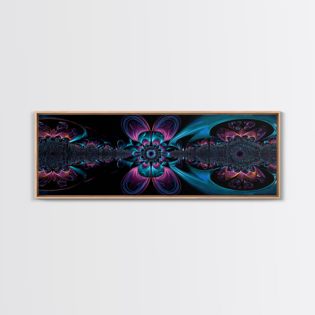 Neon Fractal Flower Mandala Wall Art, Symmetrical Psychedelic Canvas, Teal And Purple Abstract Decor, Meditation Room Print