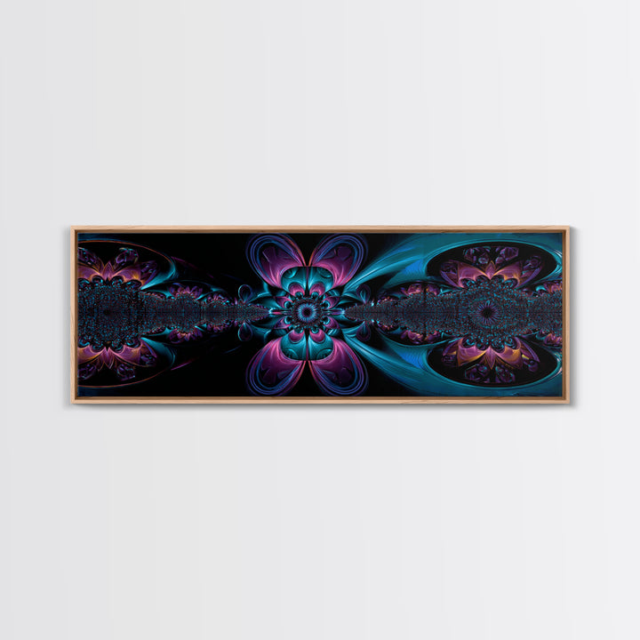 Neon Fractal Flower Mandala Wall Art, Symmetrical Psychedelic Canvas, Teal And Purple Abstract Decor, Meditation Room Print
