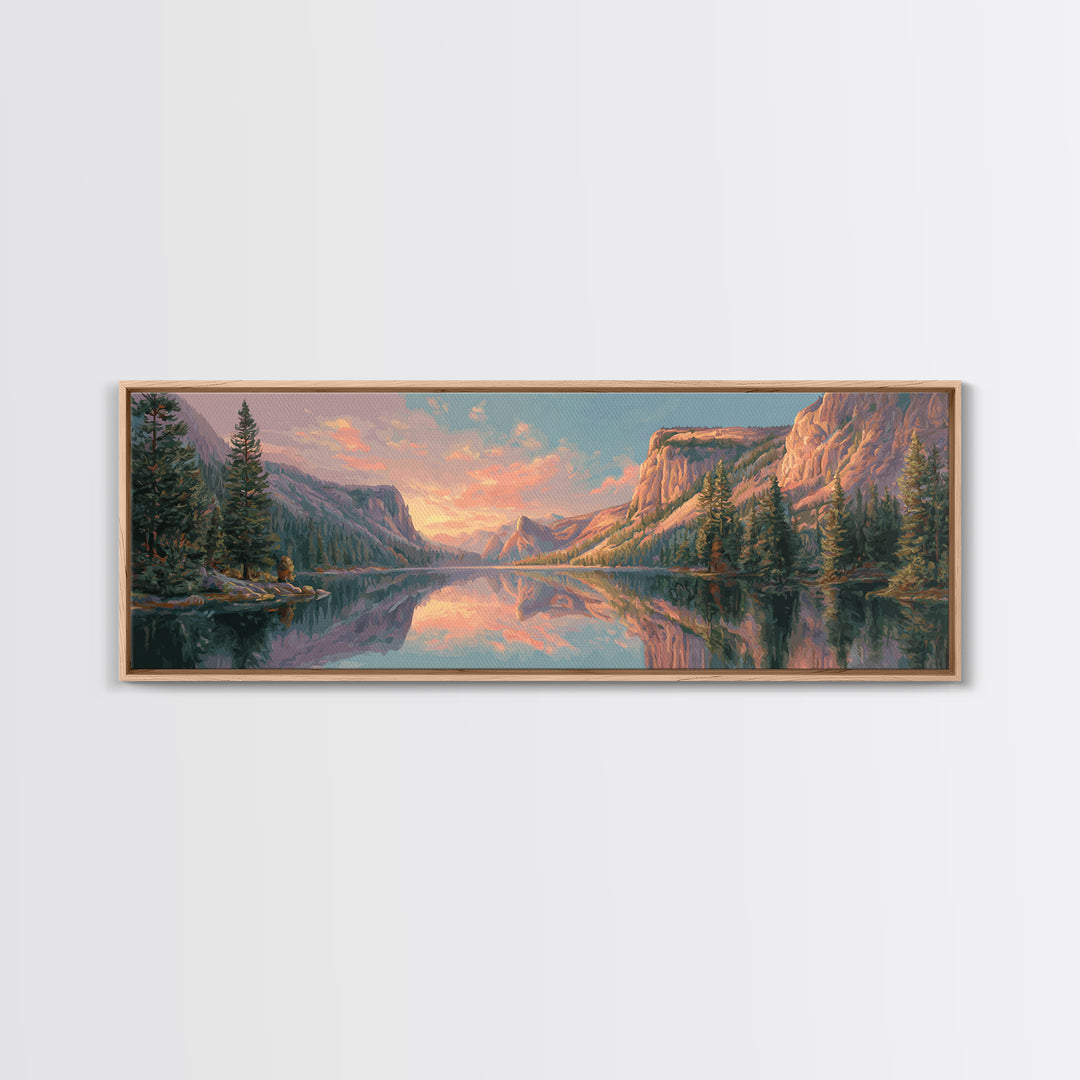 Serene Mountain Lake Sunset Wall Art, Panoramic Landscape Canvas Print, Rustic Nature Decor For Living Room And Cabin Home Decor