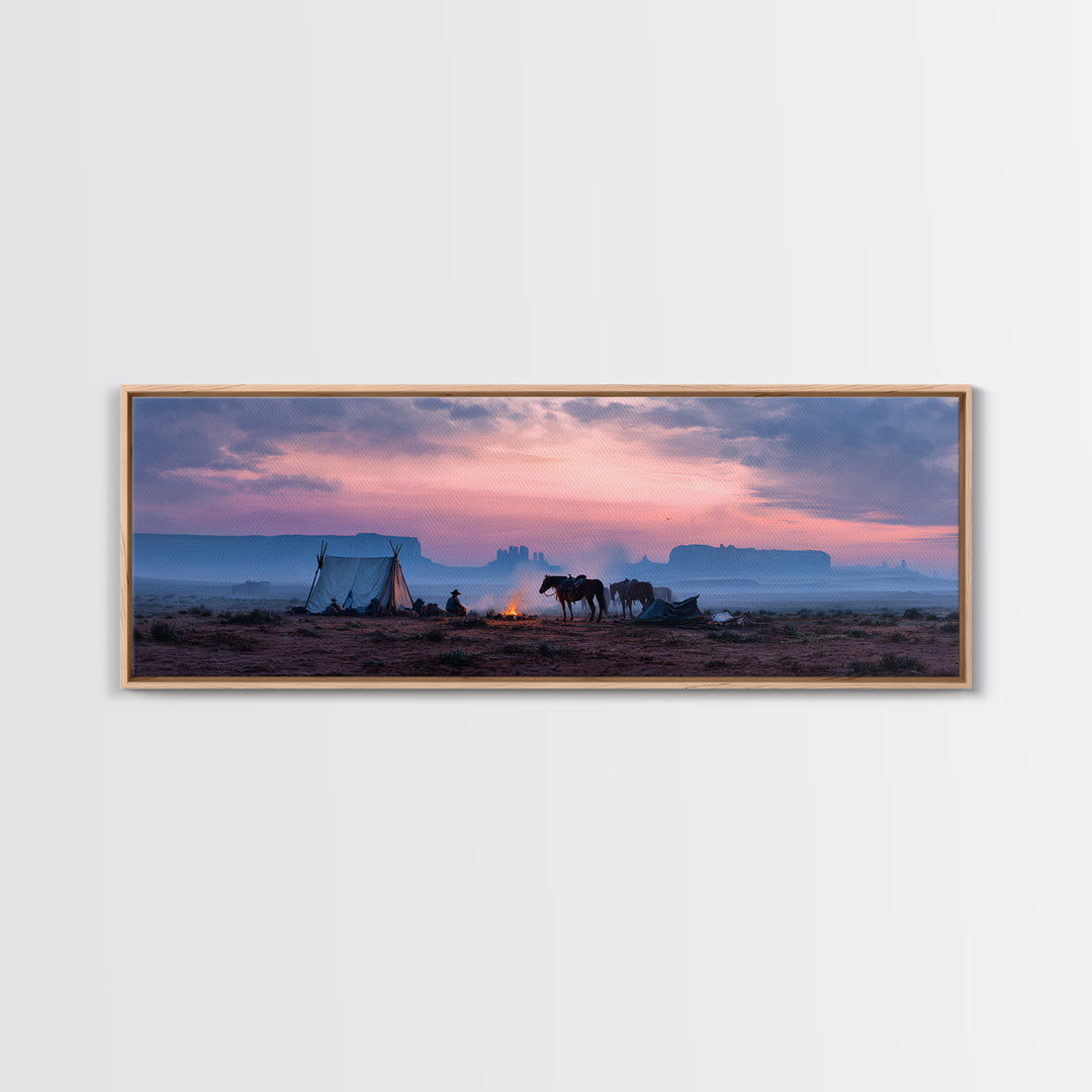 Western Desert Camp With Horses Framed Canvas Print, Cowboy Sunset Landscape, Southwestern Wall Art, Rustic Western Home Decor