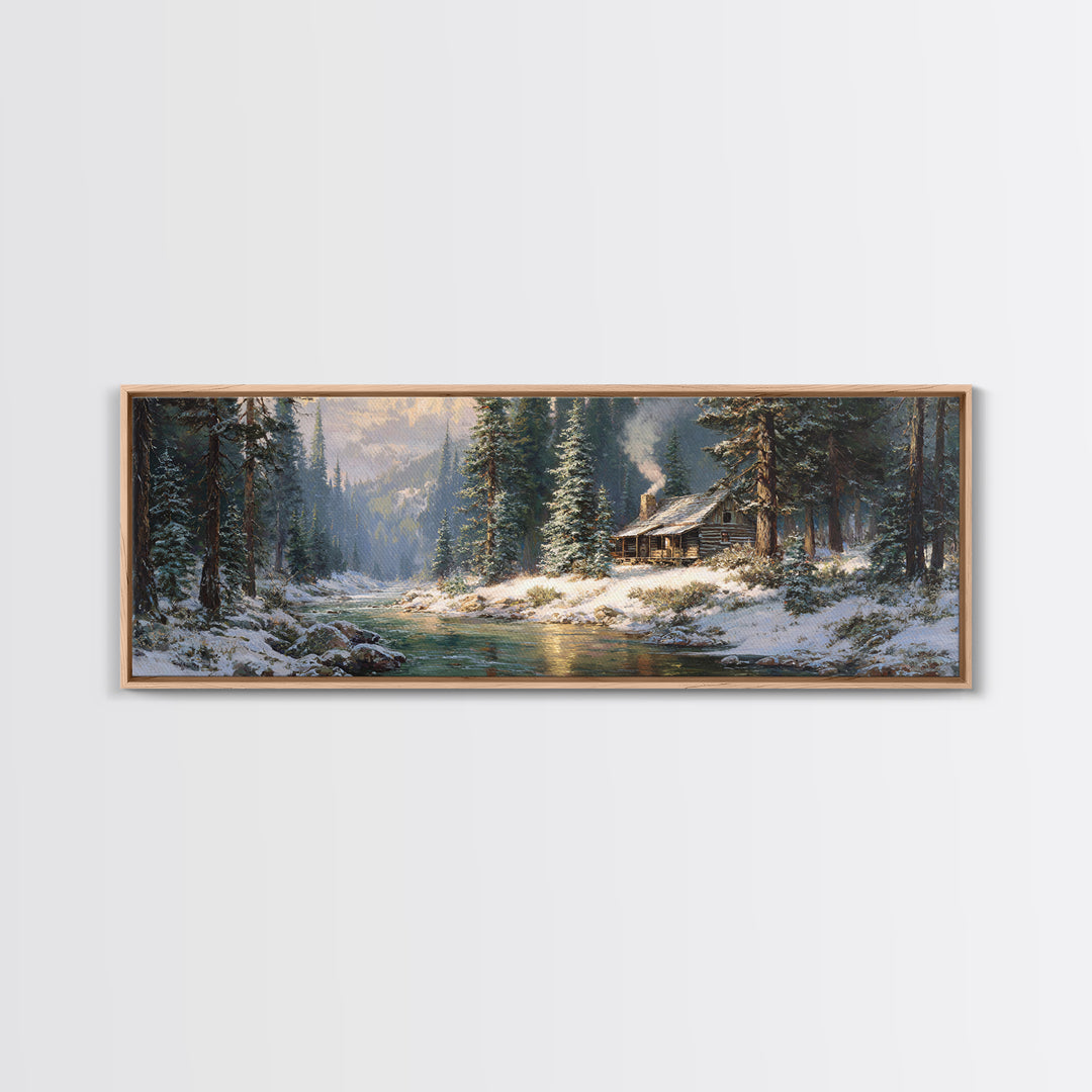 Snowy Cabin River Framed Canvas Print, Winter Forest Landscape Wall Art, Rustic Home Decor, Lake House Gift For Living Room Decor