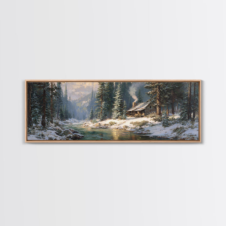Snowy Cabin River Framed Canvas Print, Winter Forest Landscape Wall Art, Rustic Home Decor, Lake House Gift For Living Room Decor