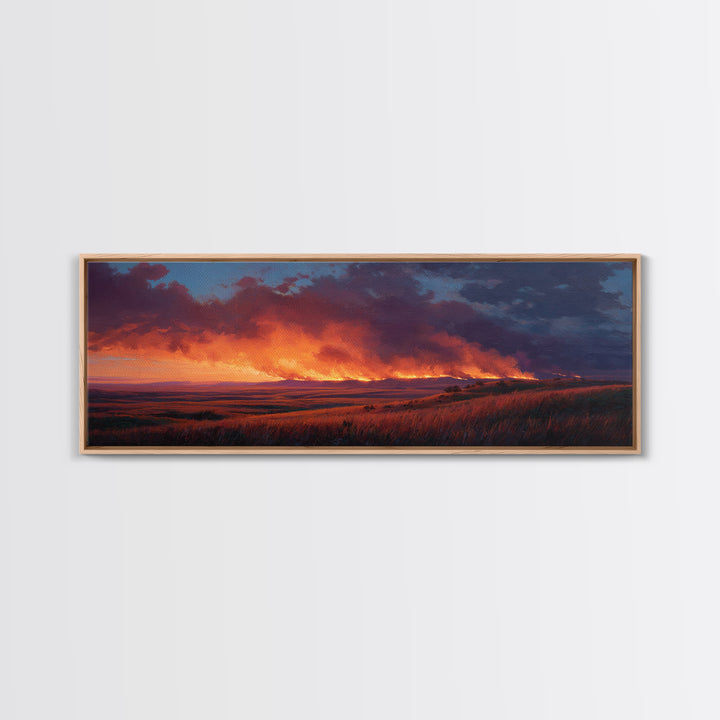 Wildfire Prairie Sunset Wall Art, Dramatic Grassland Landscape, Moody Rustic Decor, Western Canvas Print, Large Horizontal Art