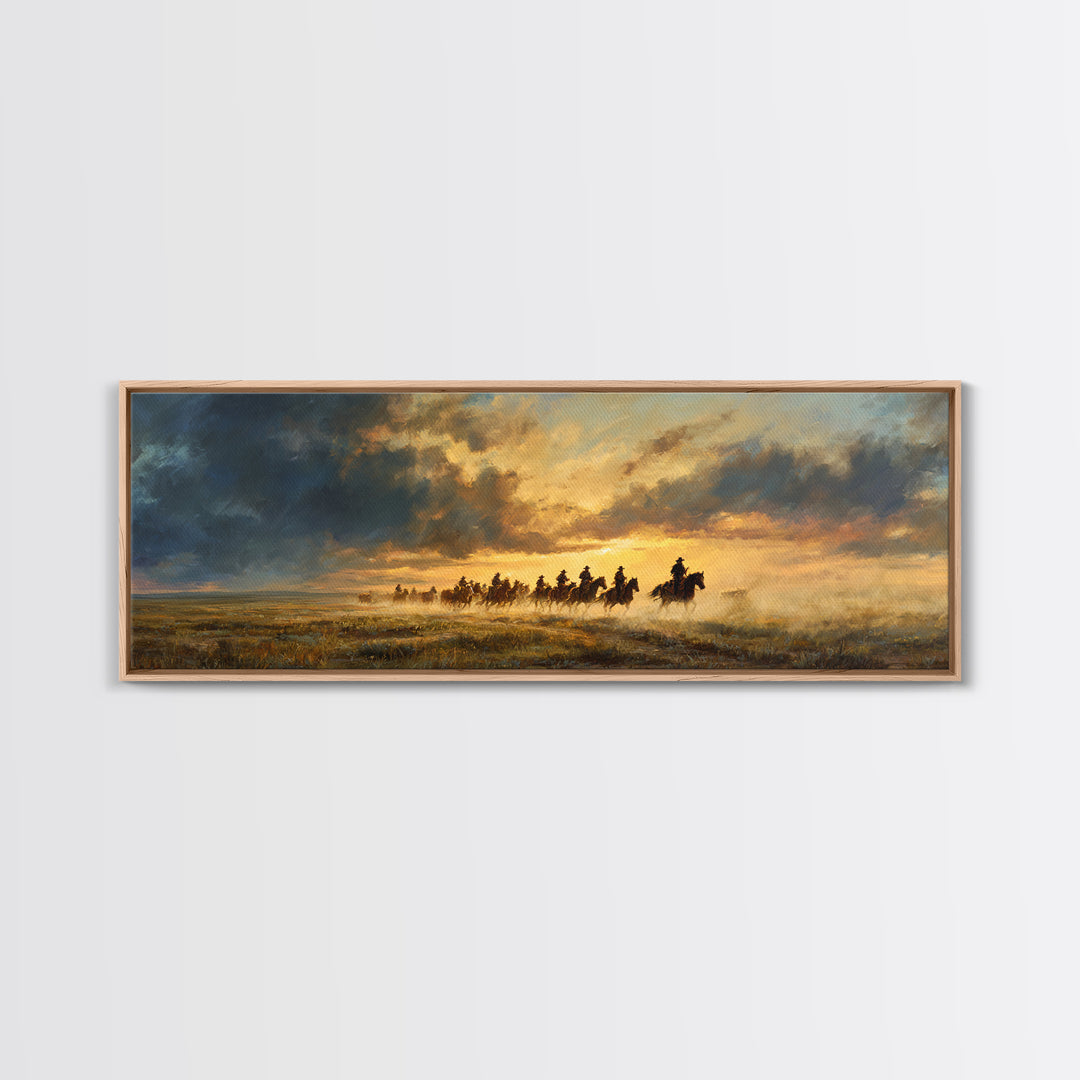 Galloping Cowboys At Sunset Framed Canvas Print, Western Horse Landscape Wall Art, Rustic Ranch Decor, Moody Prairie Painting