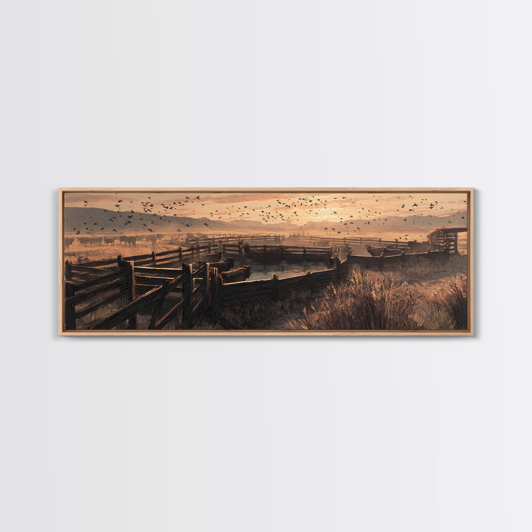 Sepia Ranch Corral Sunset Framed Canvas Print, Western Wall Art, Rustic Farmhouse Decor, Cowboy Landscape, Housewarming Gift