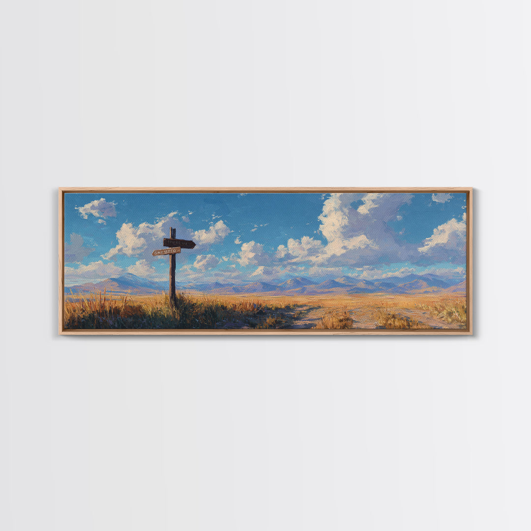Sunlit Prairie Signpost And Mountain Meadow Wall Art, Rustic Country Landscape Canvas Print, Farmhouse Decor, Open Range Gift
