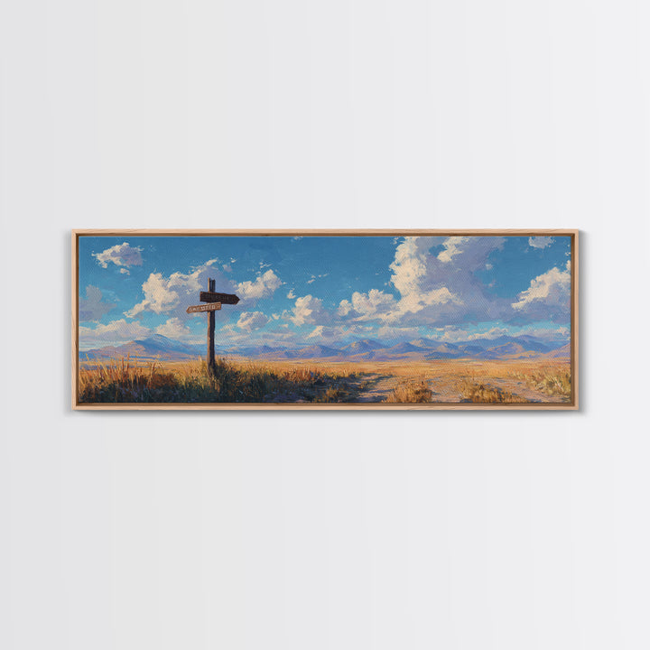 Sunlit Prairie Signpost And Mountain Meadow Wall Art, Rustic Country Landscape Canvas Print, Farmhouse Decor, Open Range Gift