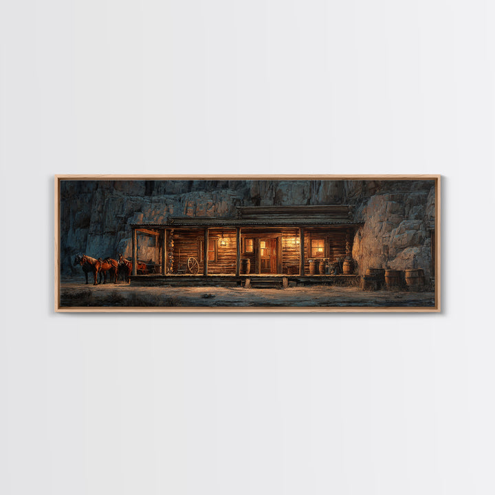 Rustic Western Saloon With Horses Framed Canvas Print, Cowboy Wall Art, Canyon Cabin Decor, Man Cave Rustic Wall Art Decor