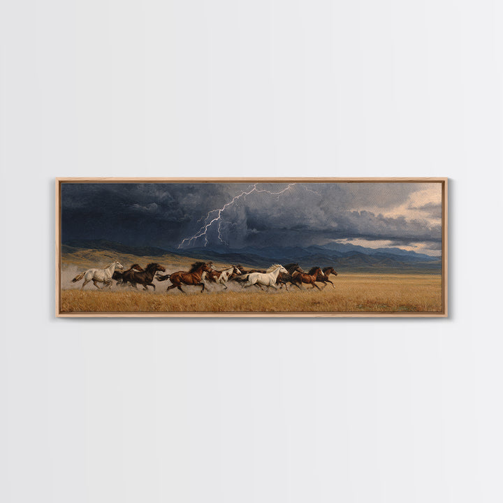 Wild Horses In Storm Wall Art, Western Landscape Canvas Print, Lightning Prairie Decor, Rustic Ranch Gift For Horse Lover