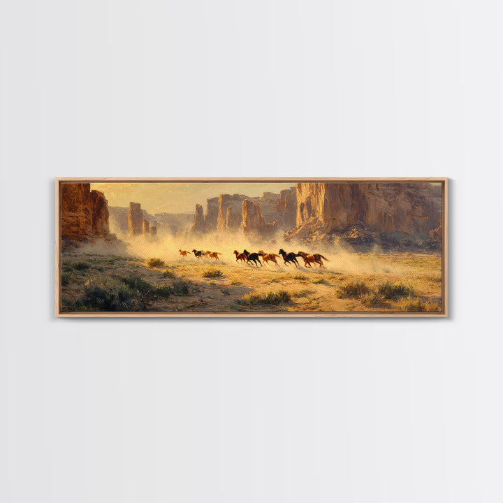Wild Horses Running Through Desert Canyon Wall Art, Western Landscape Canvas Print, Southwest Decor, Rustic Living Room Art